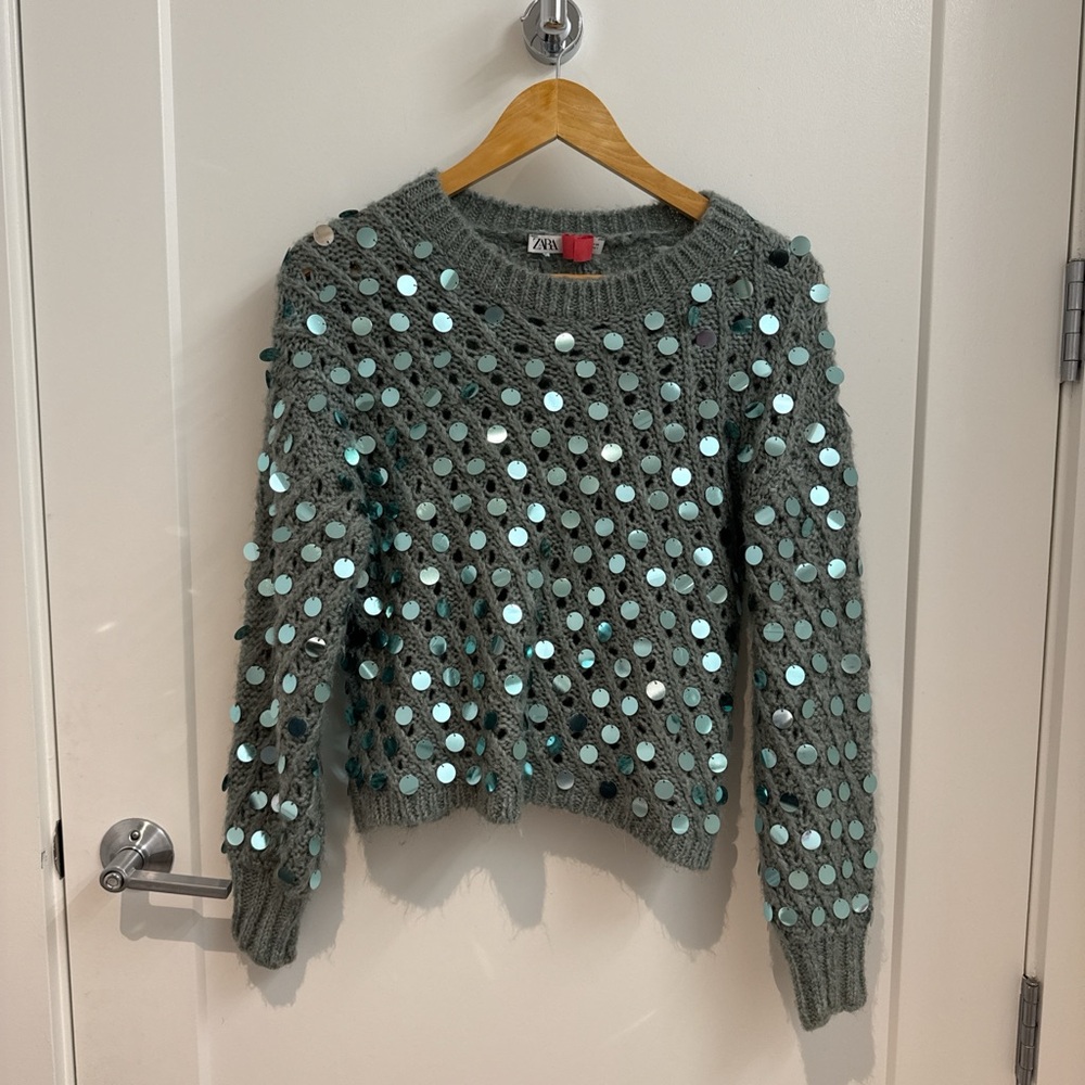 Zara Gray Sequin Crew Neck Sweater